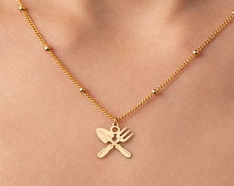 Gardening Crossed Trowel and Fork Charm Necklace, Flat Pendant, Sterling Silver, 14K Gold Filled, 10K or 14K Solid Gold, Ball Chain