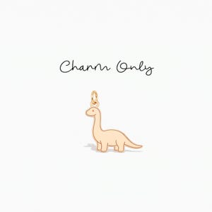 Pode incluir: Um pingente de dinossauro em metal dourado com a silhueta de um saurópode de pescoço longo e um pequeno anel circular no topo. O texto "Charm Only" está impresso em letra cursiva preta acima da figura em um fundo branco.