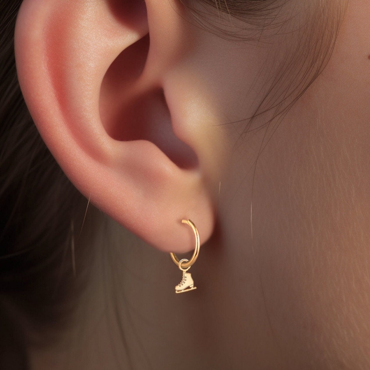 Huggie Hoop Earrings With Figure Skates Charm, Handcrafted