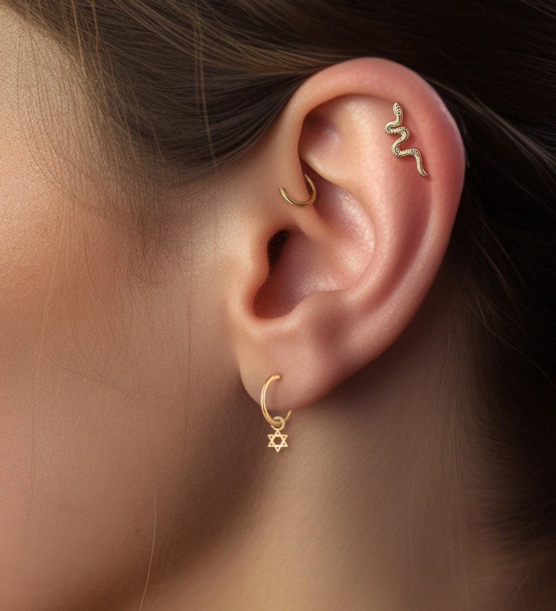May include: A person's ear with three gold earrings. The top earring is a snake design, the middle earring is a hoop, and the bottom earring is a hoop with a dangling star of David charm.