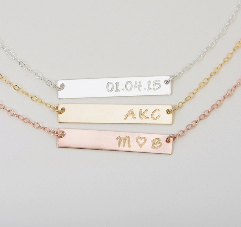 Personalized Inital Bar Necklace, Engraved Necklace, Contemporary Bridesmaid Jewelry, Initial Rectangle Necklace, Valentines Day image 3