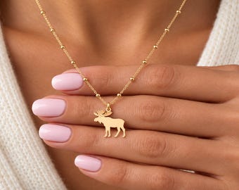 Moose Profile Charm Necklace, Flat Antlered Pendant, Sterling Silver, 14K Gold Filled, 10K or 14K Solid Gold, Ball Chain