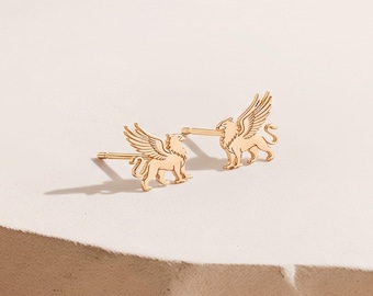 Griffioen oorbellen: massief goud 10K, 14K, handgemaakte sieraden met mythisch diermotief, een perfect cadeau.