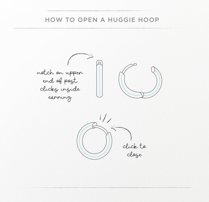 May include: A simple line drawing illustration showing how to open a huggie hoop earring. The top image shows the earring closed and the bottom image shows the earring open. The text reads "notch on upper end of post clicks inside earring" and "click to close".