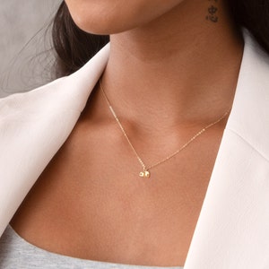 May include: A delicate gold necklace featuring two small, textured pendants. The necklace is suspended from a fine chain and rests against a neutral background, highlighting the jewelry's simple elegance. The pendants appear to be the letters "ah".