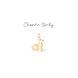 May include: A gold-colored squirrel charm with a textured tail and a smooth body. The charm is suspended from a small loop. The words "Charm Only" are written in cursive above the charm.