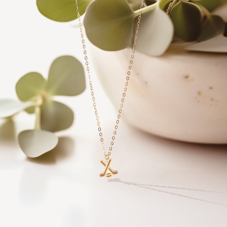 Pu&ograve; includere: Una collana con catena dorata con un piccolo ciondolo a forma di bastone da hockey e disco.