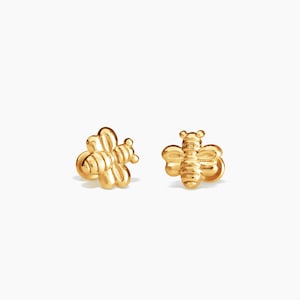 Gold Bee Earrings, Flat back Dainty Minimalist Earring, Gold Stud Earrings, Lobe, Helix, Daith and Tragus Piercing, Push Pin Earrings