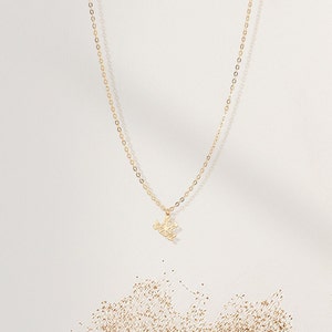 May include: A delicate gold chain necklace with a geometric pendant. The pendant is a stylized design of a bird in flight.