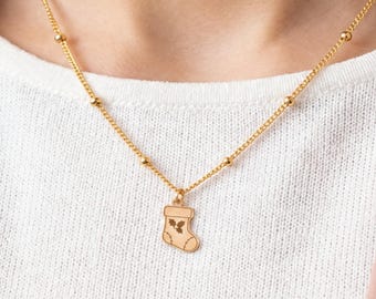 Christmas Stocking Charm Necklace, Flat Holly Pendant, Sterling Silver, 10K or 14K Solid Gold, 14K Gold Filled, Ball Chain