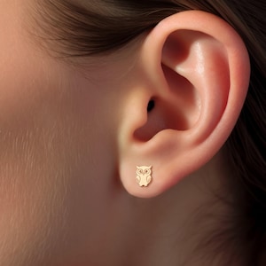 May include: A small, gold-toned stud earring shaped like an owl. The earring features a minimalist outline of an owl with large, circular eyes and detailed wing markings, positioned directly on the earlobe as a single piece of jewellery.