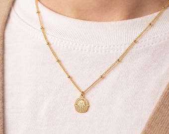 Chick In Basket Charm Necklace, Bow Detail, Flat Pendant, Ball Chain, Sterling Silver, 14K Gold Filled, 10K or 14K Solid Gold