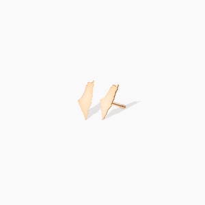 May include: A pair of gold earrings shaped like the outline of Israel.