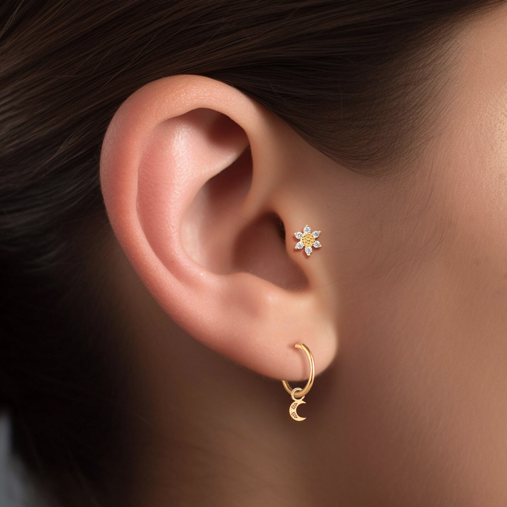 【HYERES LOR】22FW★ Champagne Moon NEW 14K YG Earring S 14K Yellow Gold Pearl Stud Drop Link Earrings @ $1125. Shop