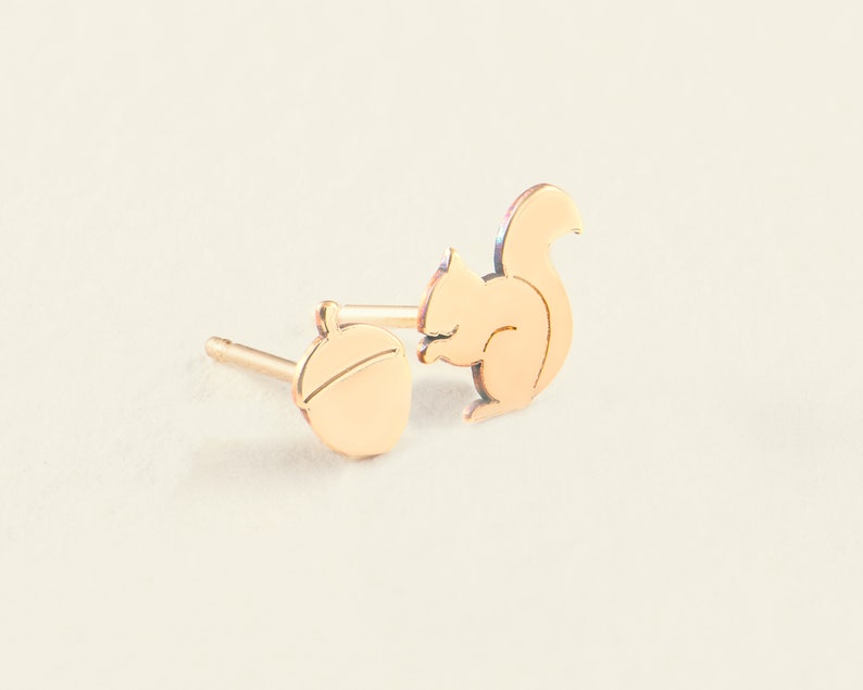 Squirrel and Acorn Earring, Dainty Earring, Mix and Match Gold Earring, Handmade Jewelry, Bridesmaid Gift,Mother's Day Gift,Graduation Gift. image 8