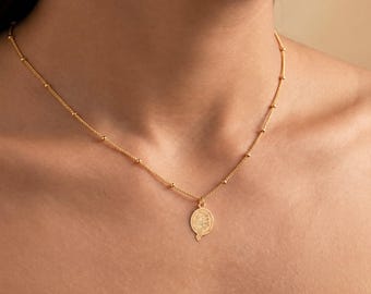 Mermaid Portrait Charm Necklace, Flat Oval Pendant, Sterling Silver, 14K Gold Filled, 10K or 14K Solid Gold, Ball Chain