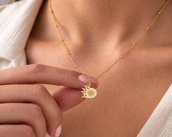 Rising Sun Charm Necklace, 14K Gold Filled, 10K or 14K Solid Gold, Sterling Silver, Flat Pointed Rays, Ball Chain