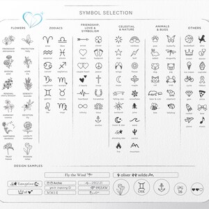 May include: A black and white chart with a variety of symbols for use in personalized designs. The chart is divided into categories: Flowers, Zodiacs, Friendship, Love & Symbolism, Celestial & Nature, Animals & Bugs, and Others. Each category has a list of symbols with their corresponding names. The chart also includes design samples with different combinations of symbols and text.