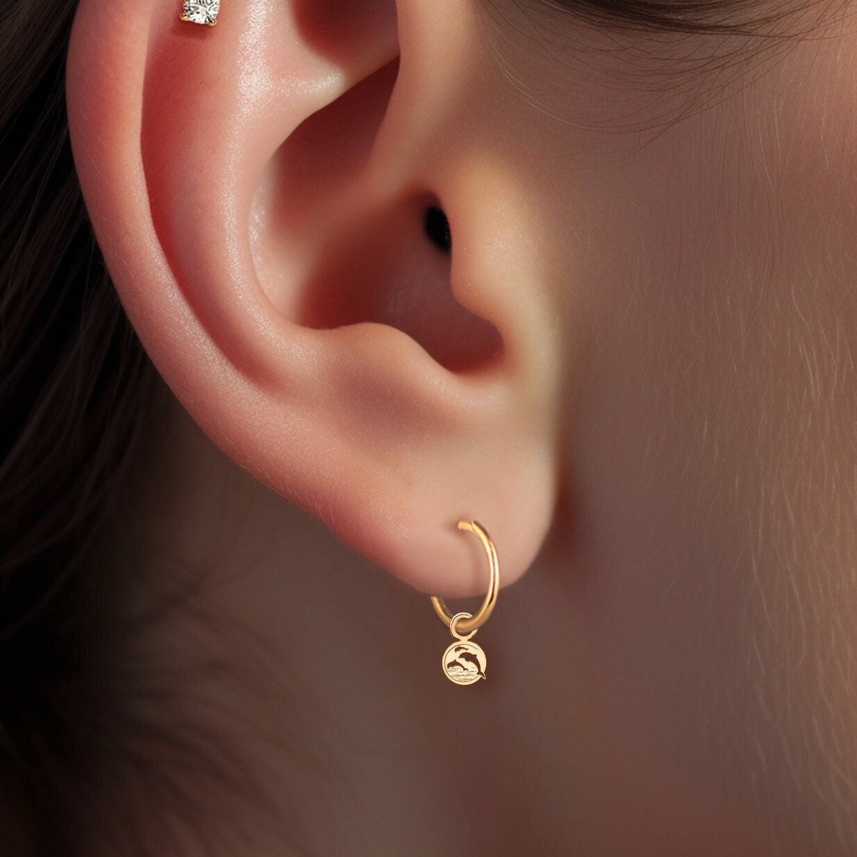 Dolphin Cutout Disc Charm Hoop Earrings - Gold Vermeil, Sterling Silver, Solid 14k Gold | Handcrafted Ocean Jewelry