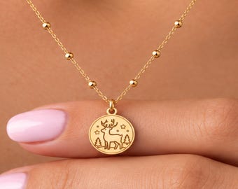 Antlered Deer Charm Necklace, 10K or 14K Solid Gold, Sterling Silver, 14K Gold Filled, Flat Round Woodland Scene, Ball Chain
