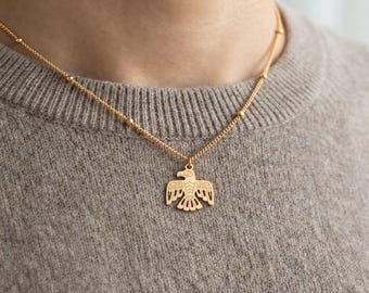 Eagle Charm Necklace, 10K or 14K Solid Gold, Sterling Silver, 14K Gold Filled, Flat Spread Wings, Ball Chain