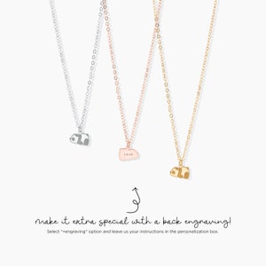 May include: Three necklaces with different pendants: a panda, a state-shaped pendant with the name "Laura", and a panda. The chains are silver, rose gold, and gold. The text says "make it extra special with a back engraving!"