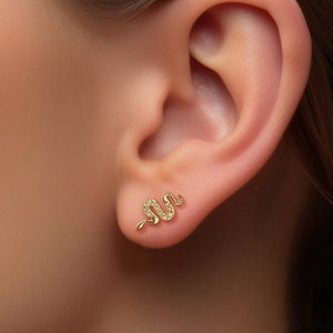 Serpent Gem Earrings, Dainty Serpent Studs, Flat Back Gold Earrings, Unique Flat Back Earrings, Threader Stud Earrings, Gift for Her