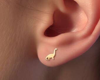 Brontosaurus bedeltje oorbellen: massief goud 10K, 14K, dinosauruscadeau voor dinosaurusliefhebbers
