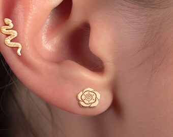 Oorbellen met bloeiende rozenbloesem: massief goud 10K, 14K, handgemaakte bloemenjuwelen, een perfect cadeau voor haar.