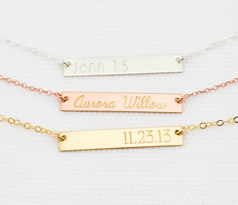 Engravable Gold, Silver or Rose Gold Bar Necklace, Engraved Bar Necklace, Personalized Bar Necklace, Valentines Day image 1