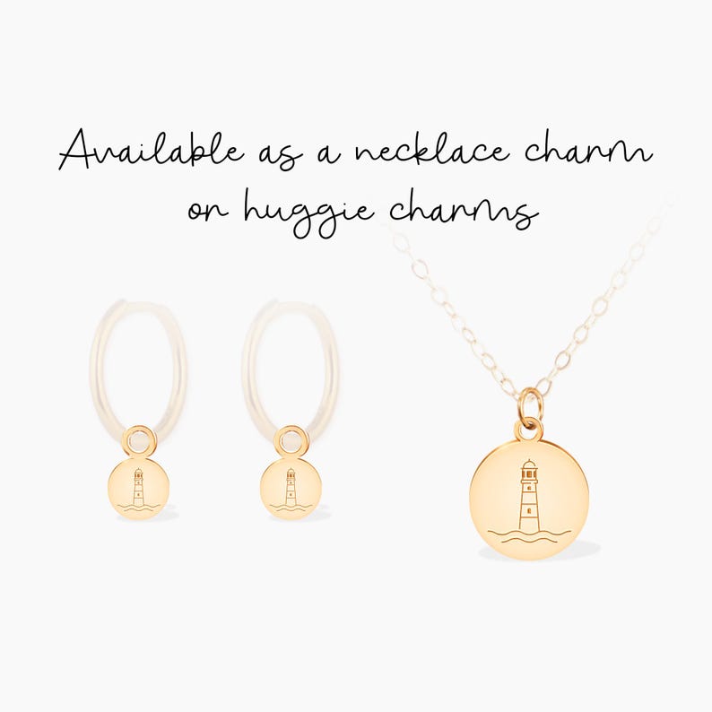 May include: Gold lighthouse charm necklace and earrings. The charm features a detailed lighthouse design with waves at the bottom. Available as a necklace charm or on huggie charms.
