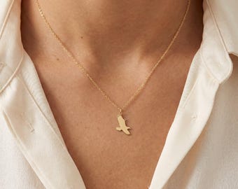 Flying Bird Charm Necklace: Sterling Silver, Gold Filled, 14K Solid Gold Minimalist Bird, Nature Jewelry Gift