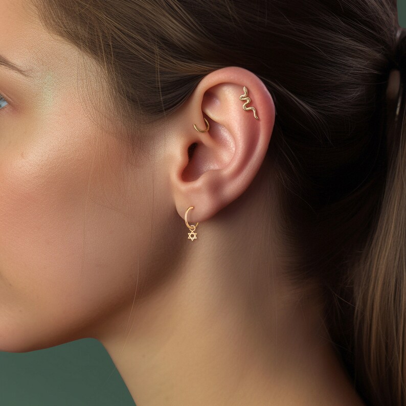 May include: A person's ear with three gold earrings. The top earring is a snake design, the middle earring is a hoop, and the bottom earring is a hoop with a star of David charm.