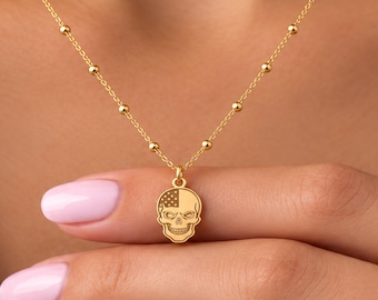 Patriotic Skull Charm Necklace, Flat Starred Pendant, 14K Gold Filled, Sterling Silver, 10K or 14K Solid Gold, Ball Chain