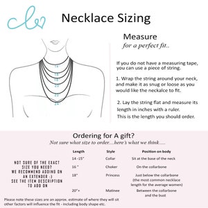 May include: Diagram showing how to measure your neck for a necklace.  The diagram shows a woman's neck with different necklace lengths marked in inches.  The text below the diagram explains how to measure your neck using a piece of string.  The text also explains how to determine the correct necklace length for different styles, including collar, choker, princess, and matinee.