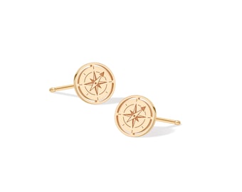 Oorbellen met kompasmotief: massief 10K of 14K goud, handgemaakte nautische sieraden, cadeau