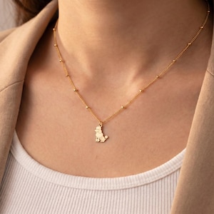 Puede incluir: Un collar de tono dorado que presenta una cadena delicada con pequeñas cuentas espaciadas uniformemente y un colgante central con forma de perro caniche sentado. El metal tiene un acabado pulido y un diseño de cadena de eslabones finos.