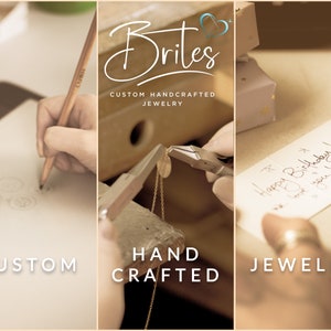 May include: A close-up of a hand crafting a custom piece of jewelry. The image shows the process of creating a necklace with a pendant. The text "Brites Custom Handcrafted Jewelry" is visible in the image.