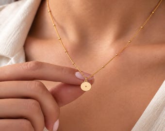 Round Disc Charm Necklace, Flat Pendant With Center Dot, 10K or 14K Solid Gold, 14K Gold Filled, Sterling Silver, Ball Chain