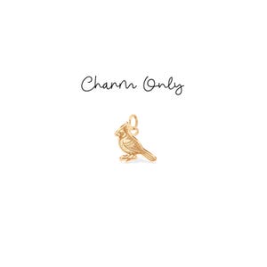 May include: A gold-colored bird charm with intricate detailing, featuring a small loop for attachment. The charm is in the shape of a cardinal bird. The text "Charm Only" is written above the charm.