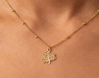 Tree of Life Leafy Charm Necklace, Flat Pendant, 14K Gold Filled, 10K or 14K Solid Gold, Sterling Silver, Ball Chain