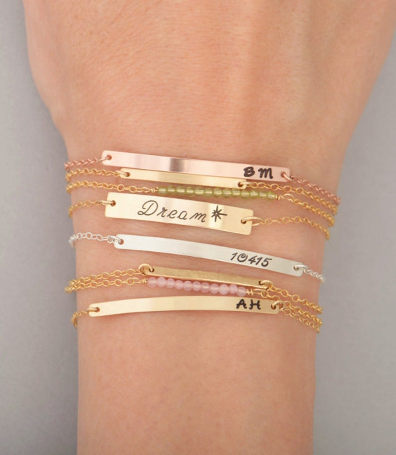 Long Skinny Bar Bracelet Gold Bar Bracelet Name Engraved Etsy