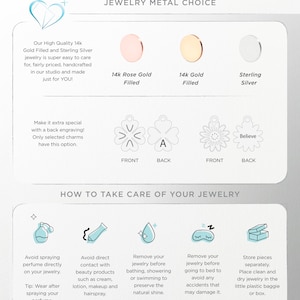 May include: A guide to jewelry metal choices and care instructions.  The image shows three metal options: 14k rose gold filled, 14k gold filled, and sterling silver.  It also shows how to care for jewelry, including avoiding perfume, direct contact with beauty products, and removing jewelry before bathing or swimming.  The text in the image says "Jewelry Metal Choice", "Our High Quality 14k Gold Filled and Sterling Silver jewelry is super easy to care for, fairly priced, handcrafted in our studio and made just for YOU!" and "How to Take Care of Your Jewelry".