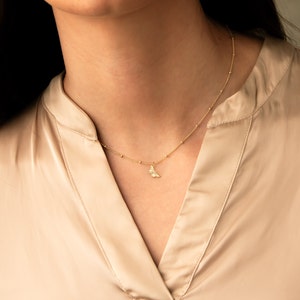 Pode incluir: Um colar de corrente de ouro com um delicado pingente de borboleta. O colar &eacute; feito de pequenas contas redondas e &eacute; usado por uma pessoa com uma camisa marrom claro.