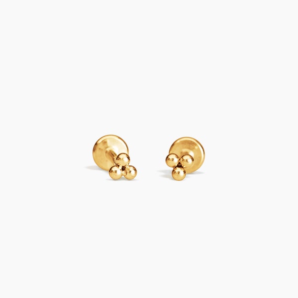 Gold Trio Ball Flat Back Earrings, Dainty Stud Minimalist Earring, Gold Stud Earrings, Lobe, Tragus, Helix, and Conch Piercings