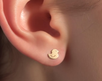 Oorbellen met eendje: massief goud 10K, 14K, handgemaakt, vijver, natuur, dieren, cadeau voor haar