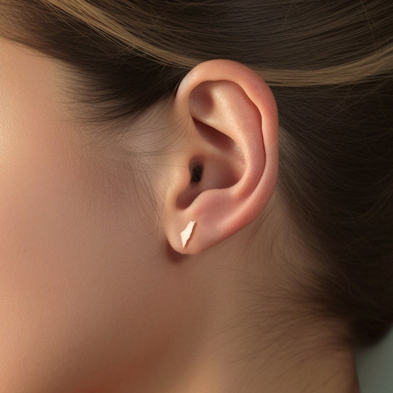 May include: A close-up of a person's ear with a small gold earring in the shape of the country of Israel.