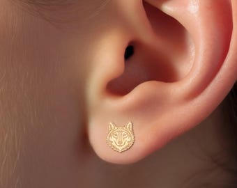 Oorbellen met wolfskopbedeltje: massief goud 10K, 14K, handgemaakte dierensieraden, cadeau
