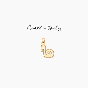 Op de afbeelding: Een goudkleurige slangenhanger met een spiraalvormig ontwerp en een kleine lus om aan een ketting of armband te bevestigen. De hanger heeft een lachend gezicht en een kleine tong. De tekst "Charm Only" staat erboven.