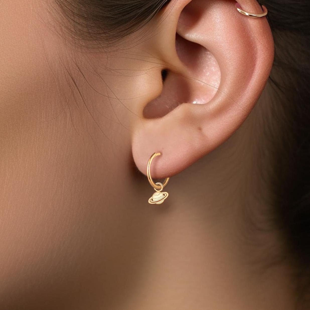 Saturn Planet Charm Huggie Hoops, Handcrafted in Gold